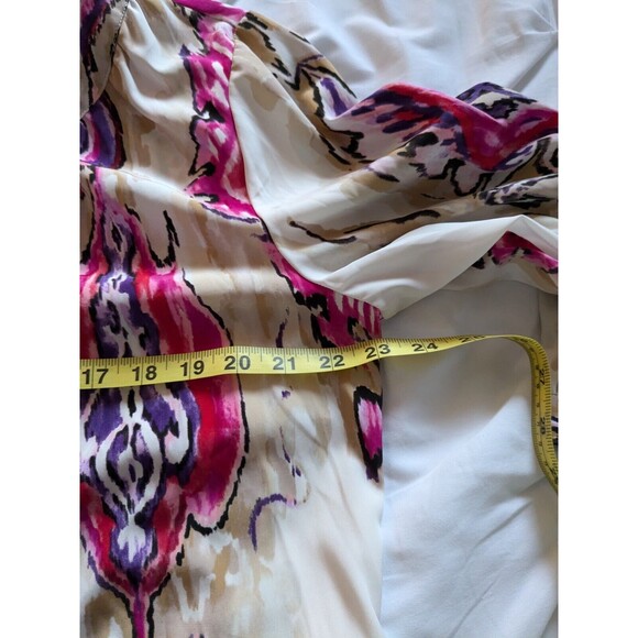 Chicos Blouse Women's L (2) Floral Boho Chic Tunic Top Flowy Flounce Satiny Pink - Picture 10 of 11